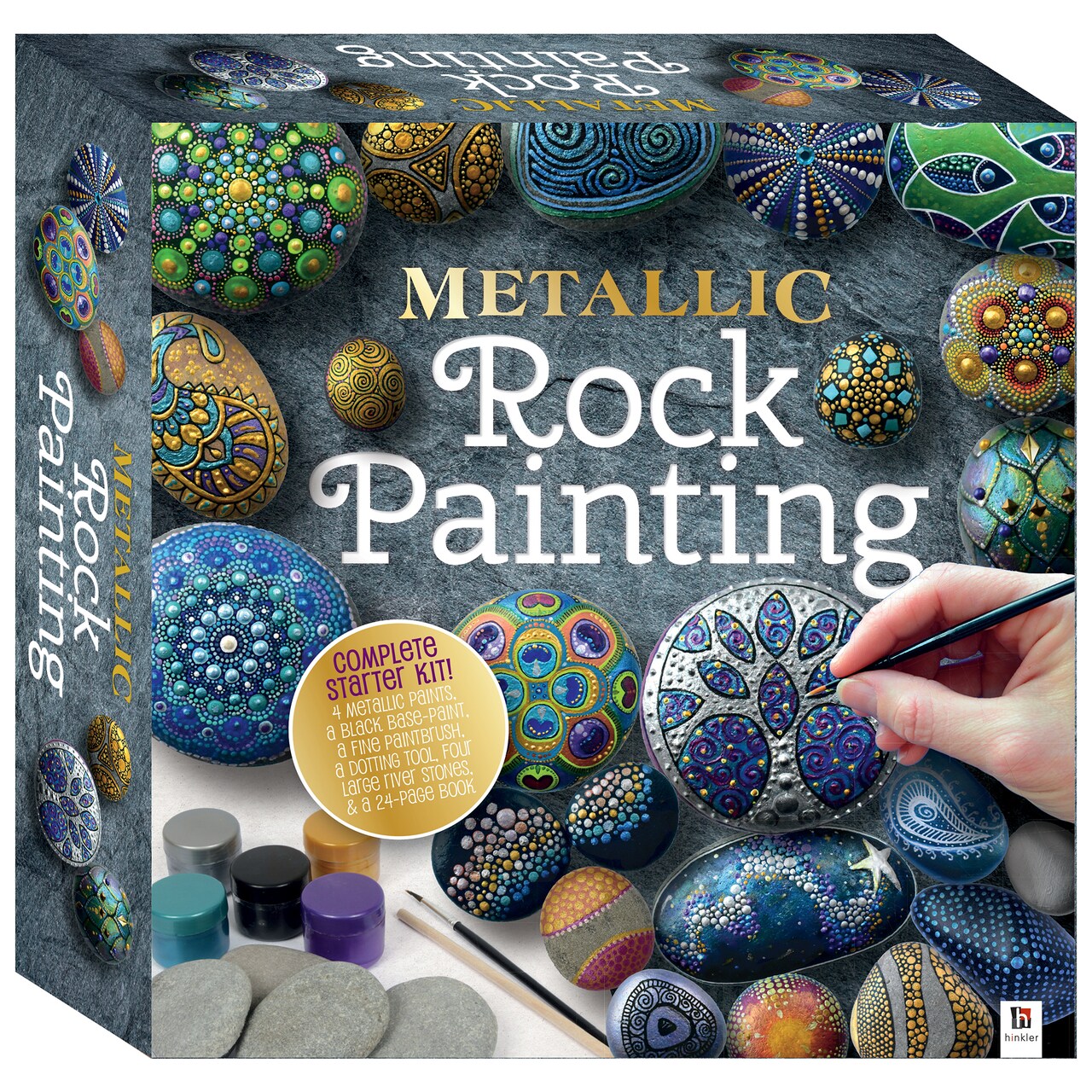 Metallic Rock Painting Box Set - DIY Rock Painting for Adults - Rocks, Brush, Paint Included - Mandala Stone Artist - Create Rock Artwork at Home - Arts and Craft for Adults - Adult Hobbies